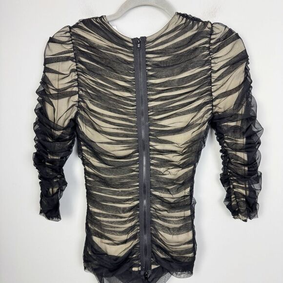 BYRON LARS BEAUTY MARK | Black & Nude Ruched 3/4 Sleeve Top Women’s Size X-Small - Picture 9 of 9